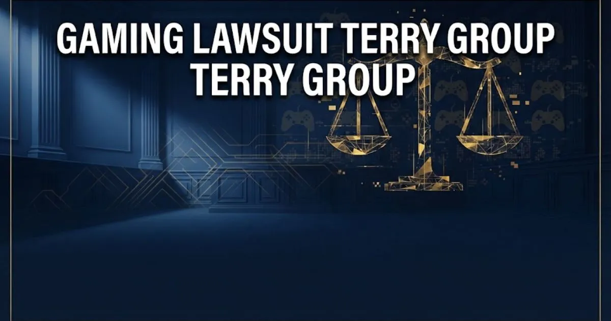 gaming lawsuit terry group hero banner with legal scales and gaming icons on navy background