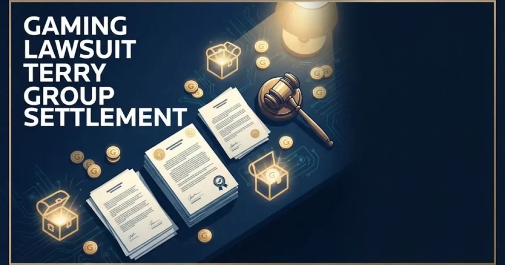 gaming lawsuit terry group settlement graphic with legal documents and digital coins on navy surface