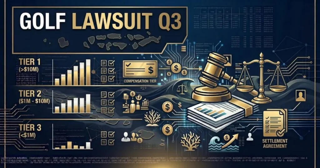 golf lawsuit q3 hero banner with legal scales over golf course silhouette in navy and gold