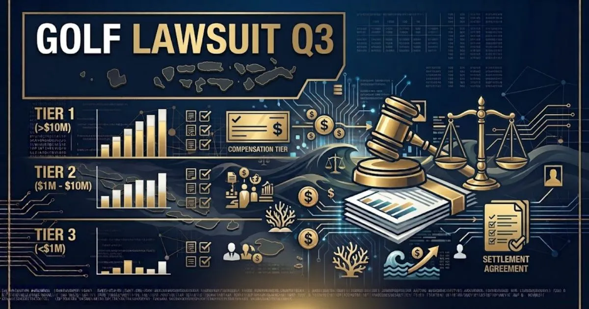 golf lawsuit q3 hero banner with legal scales over golf course silhouette in navy and gold