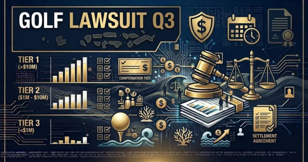 golf lawsuit q3 supporting graphic with legal documents gavel and golf ball on navy background