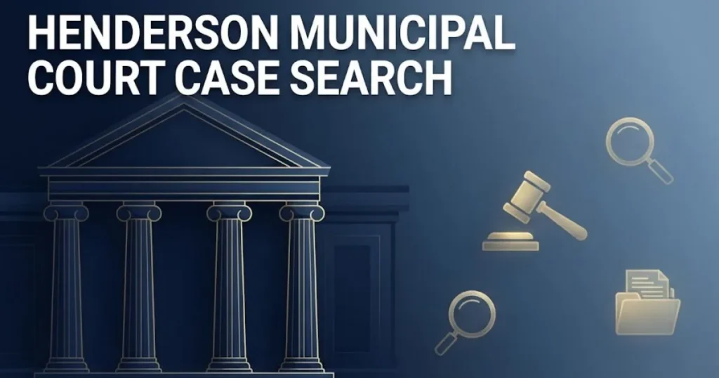 henderson municipal court case search banner with courthouse graphics and legal document icons in navy and gold
