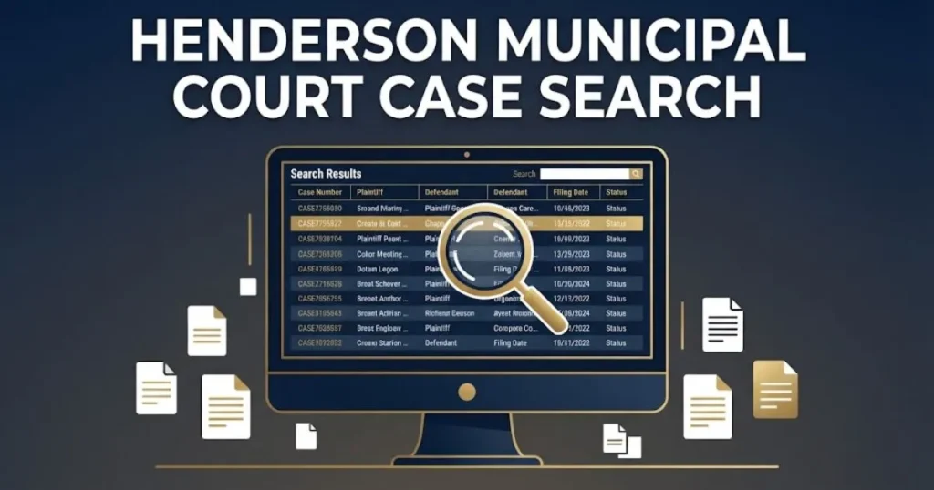 henderson municipal court case search illustration showing digital court records lookup on a computer screen in navy and gold