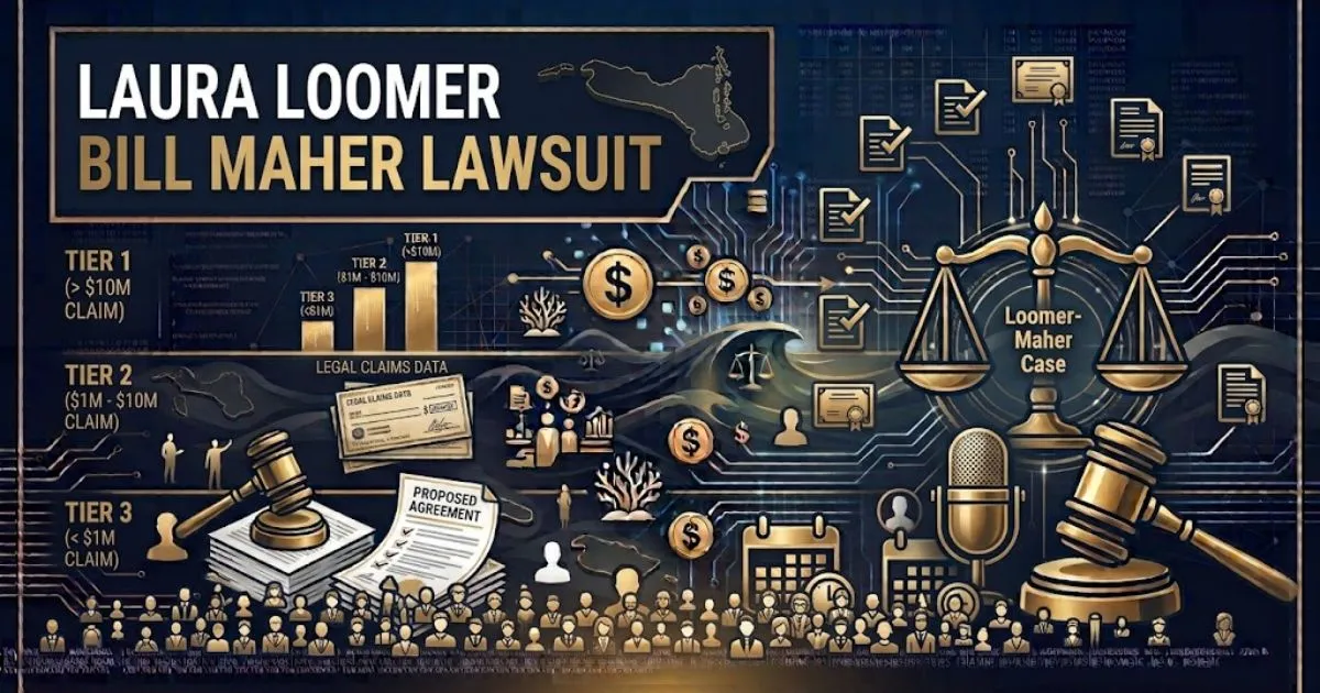 laura loomer bill maher lawsuit hero banner with scales of justice and courtroom theme