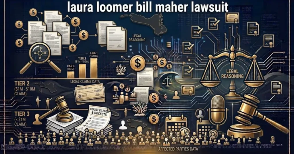 laura loomer bill maher lawsuit supporting graphic with legal documents and magnifying glass