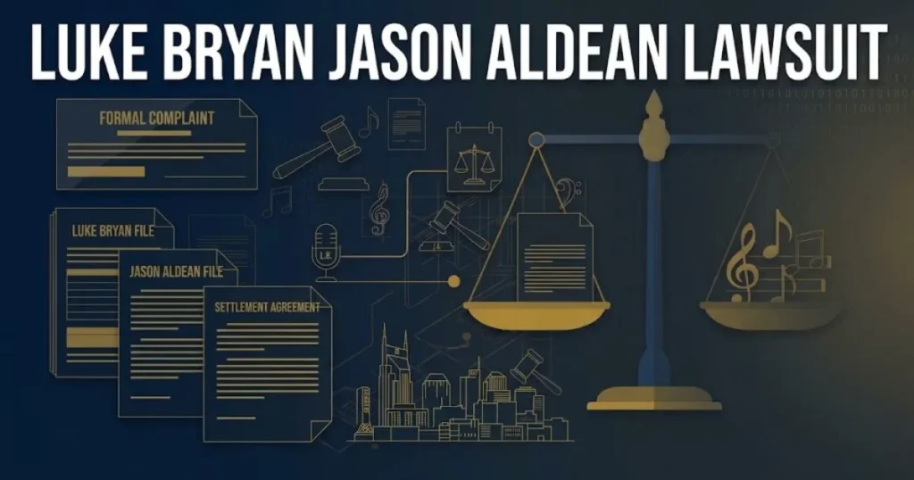 luke bryan jason aldean lawsuit graphic with legal documents gavel and Nashville skyline on navy background