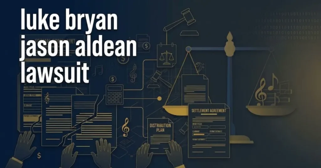 luke bryan jason aldean lawsuit headline on navy courtroom background with gold scales of justice icons