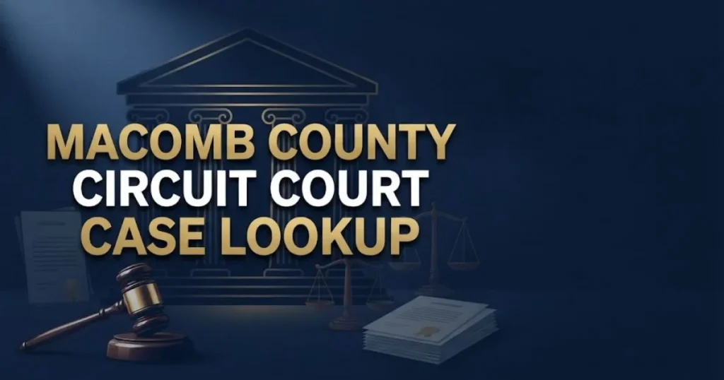 macomb county circuit court case lookup hero banner with courthouse silhouette and legal icons on navy background