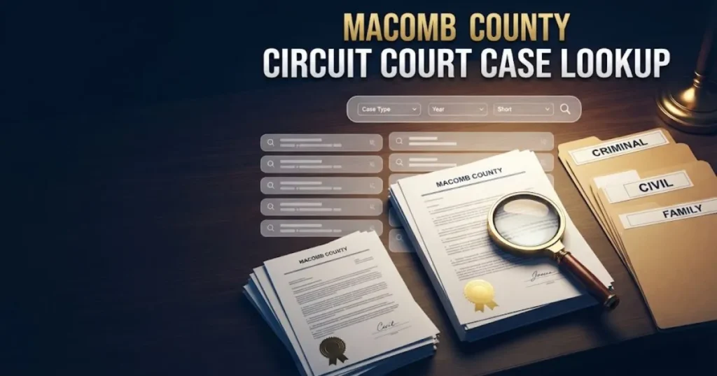 macomb county circuit court case lookup supporting graphic with legal documents and search interface elements