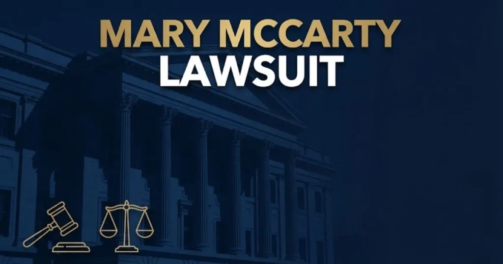 mary mccarty lawsuit hero banner with government building silhouette and legal symbols in navy and gold
