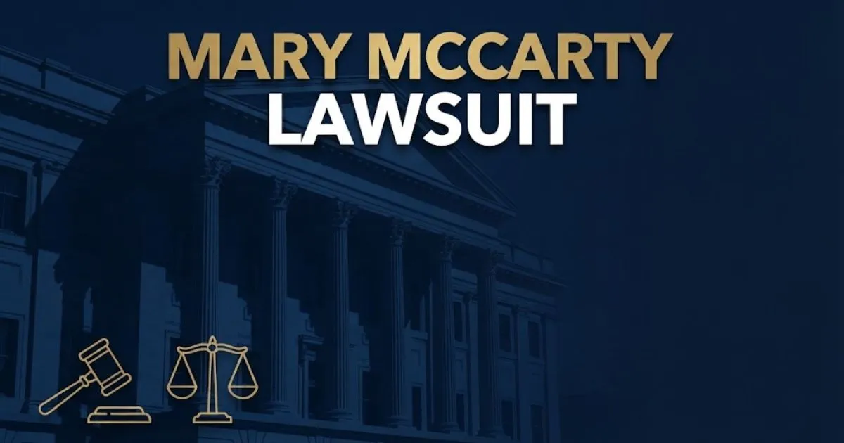 mary mccarty lawsuit hero banner with government building silhouette and legal symbols in navy and gold
