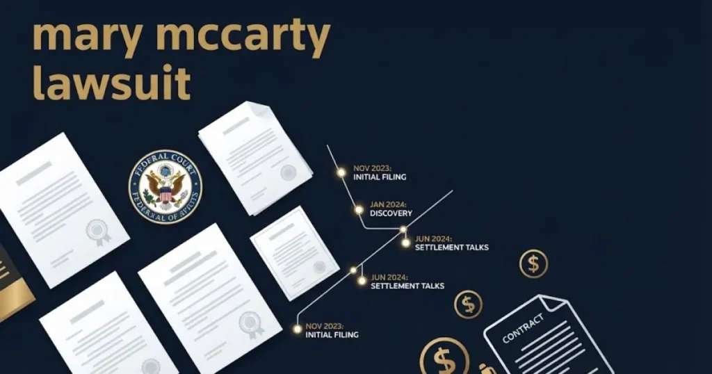 mary mccarty lawsuit supporting graphic with legal documents timeline and court seal in navy and gold