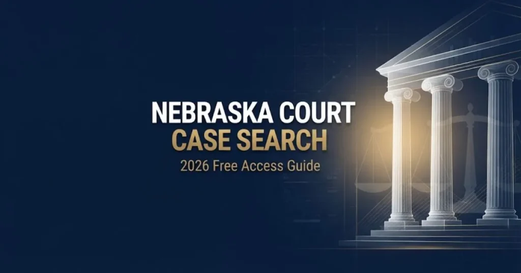 nebraska court case search hero banner with courthouse columns and gold typography on navy background