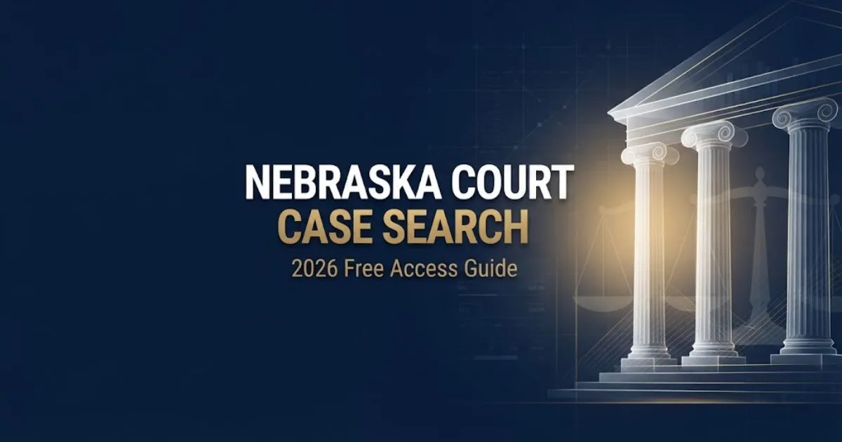 nebraska court case search hero banner with courthouse columns and gold typography on navy background