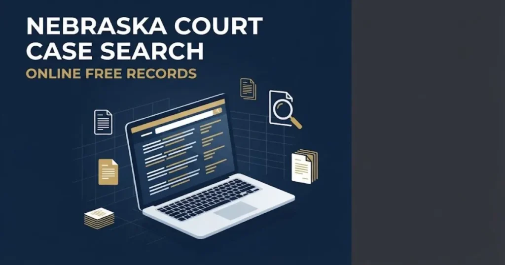 nebraska court case search supporting graphic showing laptop with online court records and search icons