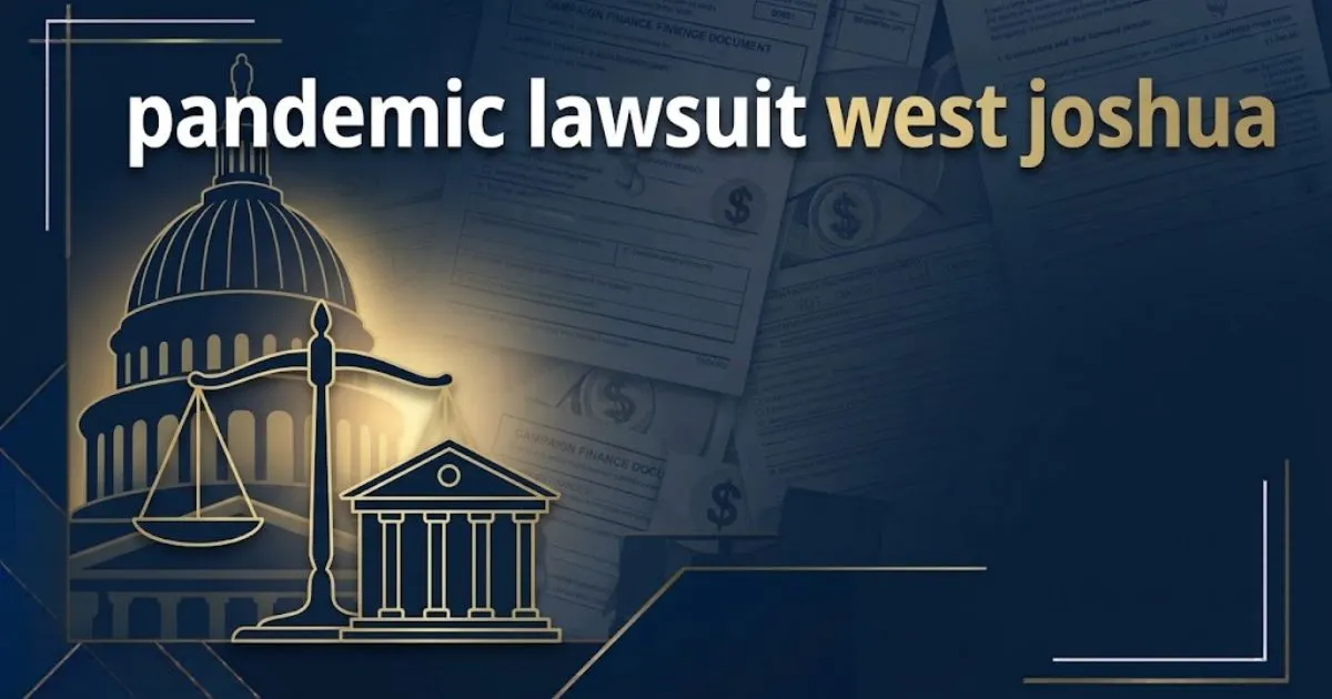 pandemic lawsuit west joshua hero banner with courthouse silhouette and gold scales of justice on navy background