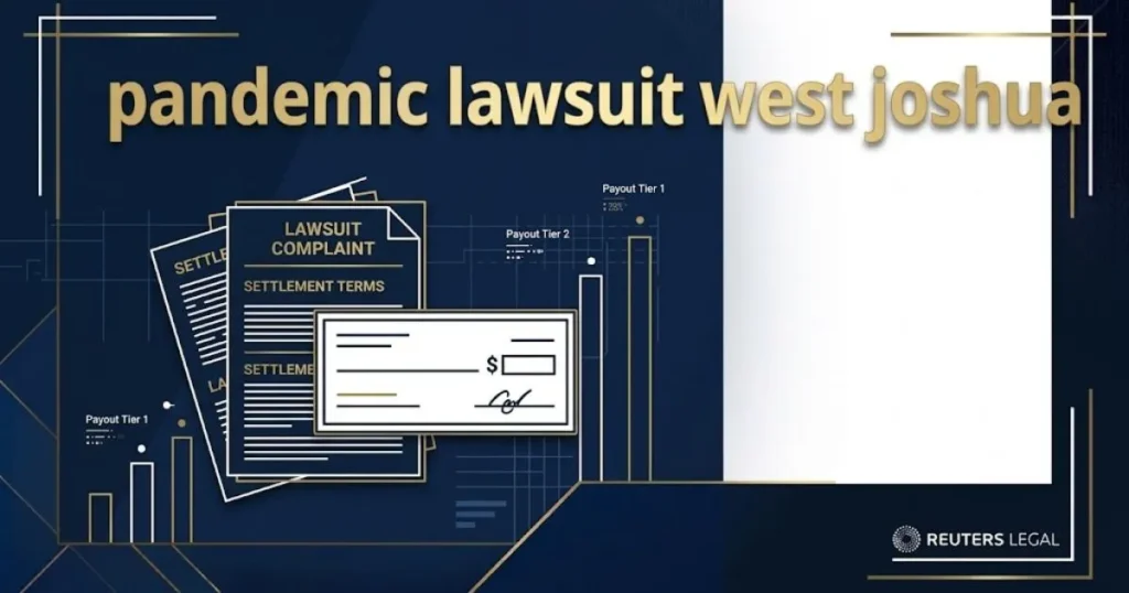 pandemic lawsuit west joshua supporting graphic with legal documents and settlement check icons on navy background