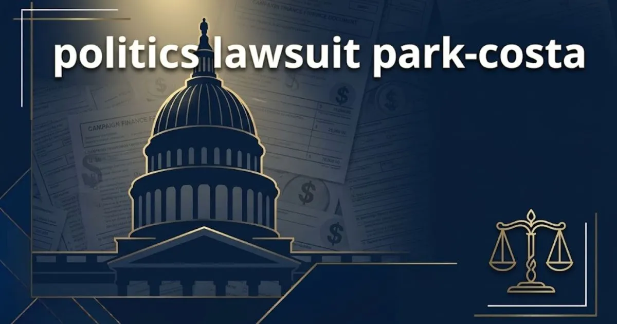 politics lawsuit park-costa hero banner with California capitol silhouette and legal scales in navy and gold