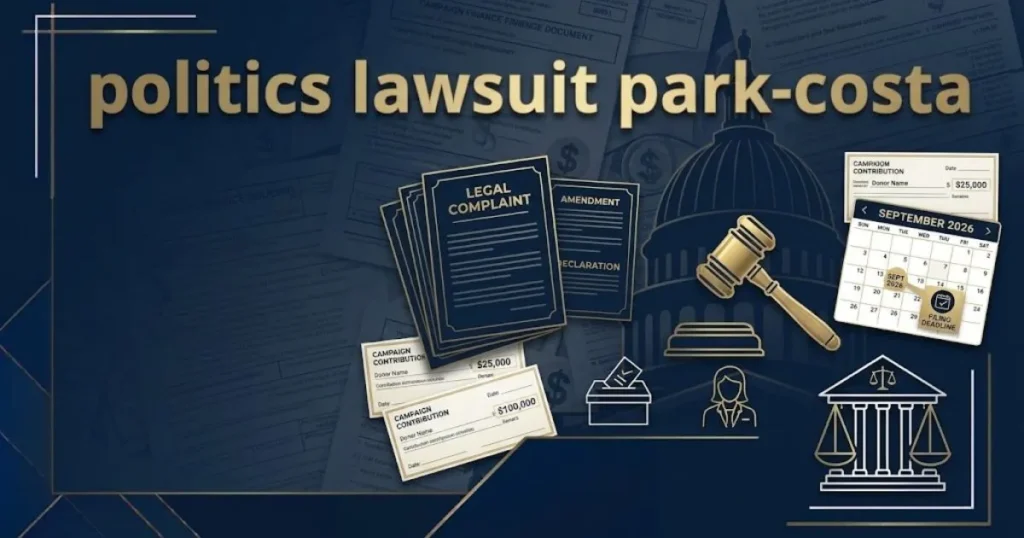 politics lawsuit park-costa supporting graphic with legal documents, gavel, and 2026 deadline calendar in navy and gold