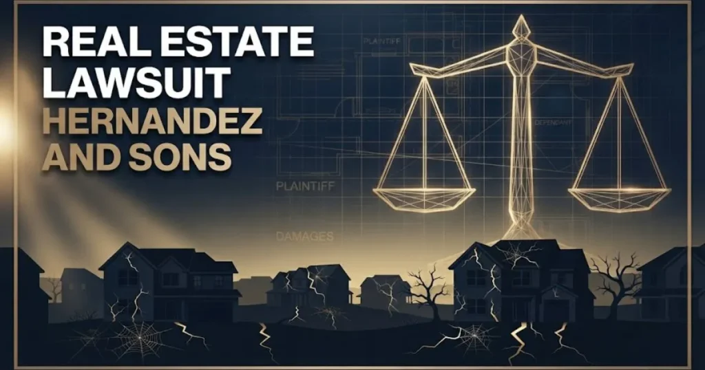 real estate lawsuit hernandez and sons hero banner with housing development and legal scales imagery