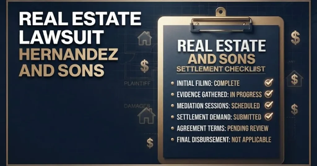 real estate lawsuit hernandez and sons settlement checklist graphic with legal document icons