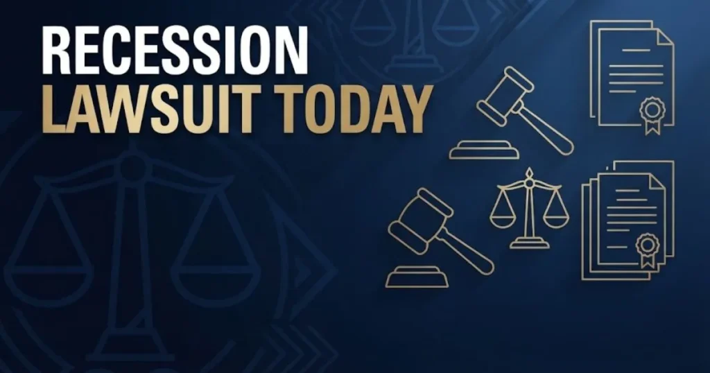 recession lawsuit today hero banner with legal gavel and scales of justice icons on navy background