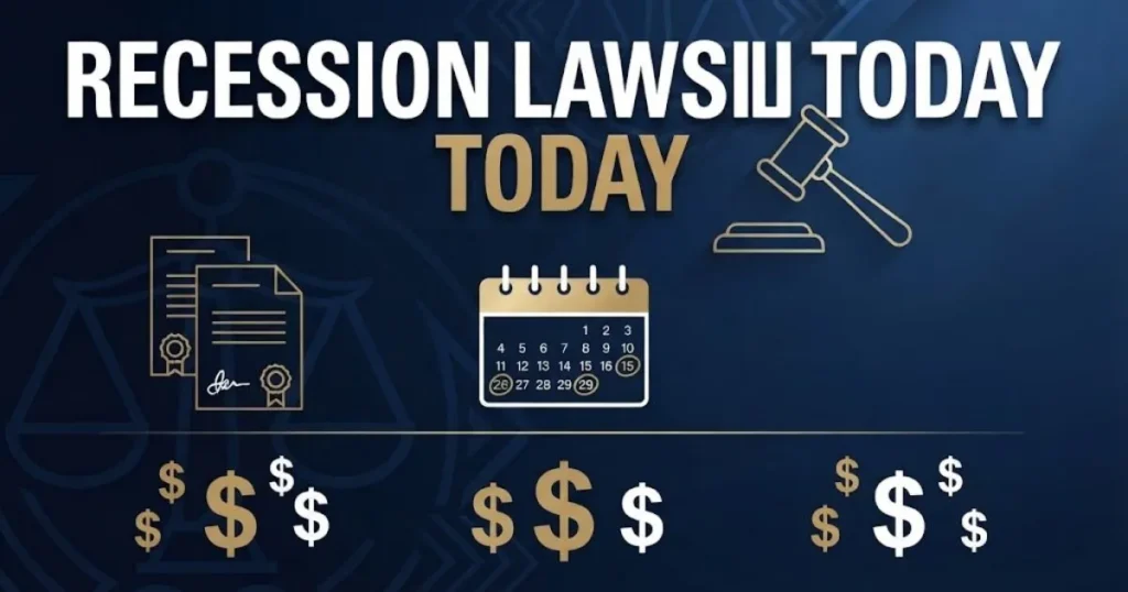 recession lawsuit today supporting graphic showing settlement documents and deadline calendar icons