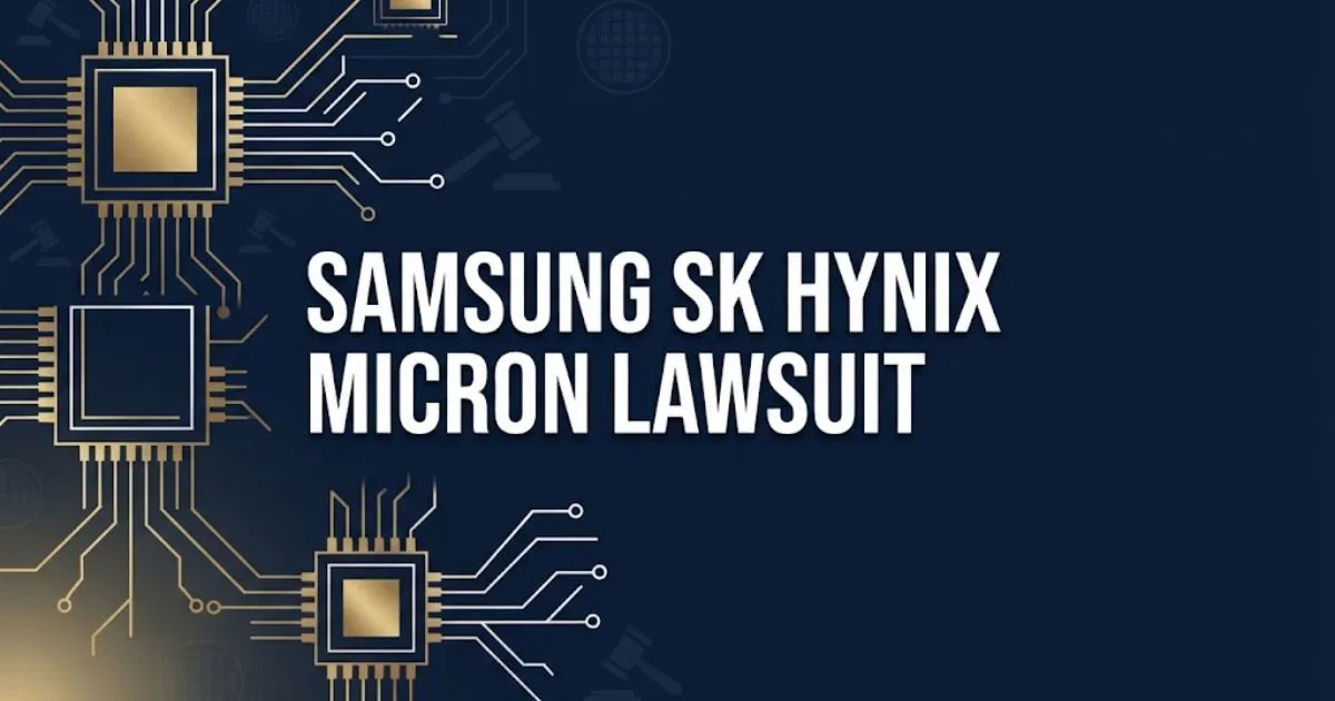 samsung sk hynix micron lawsuit hero banner with circuit board graphics and navy gold color scheme