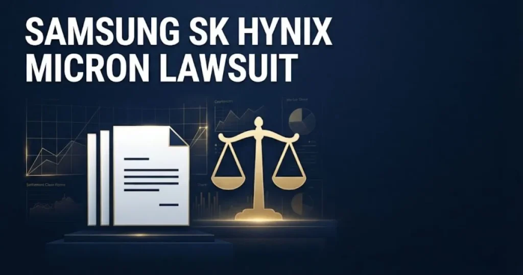 samsung sk hynix micron lawsuit settlement graphic with scales of justice and claim form icons