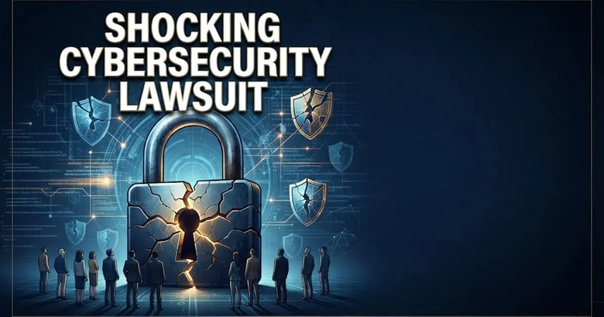 shocking cybersecurity lawsuit hero banner with digital data breach imagery and cracked padlock icon