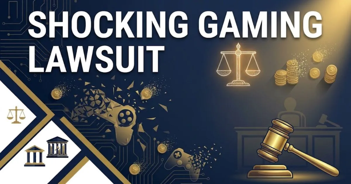 shocking gaming lawsuit hero banner with gavel icon and digital gaming elements on navy background