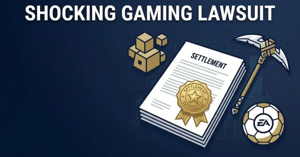 shocking gaming lawsuit settlement graphic with gaming icons and legal document on navy background