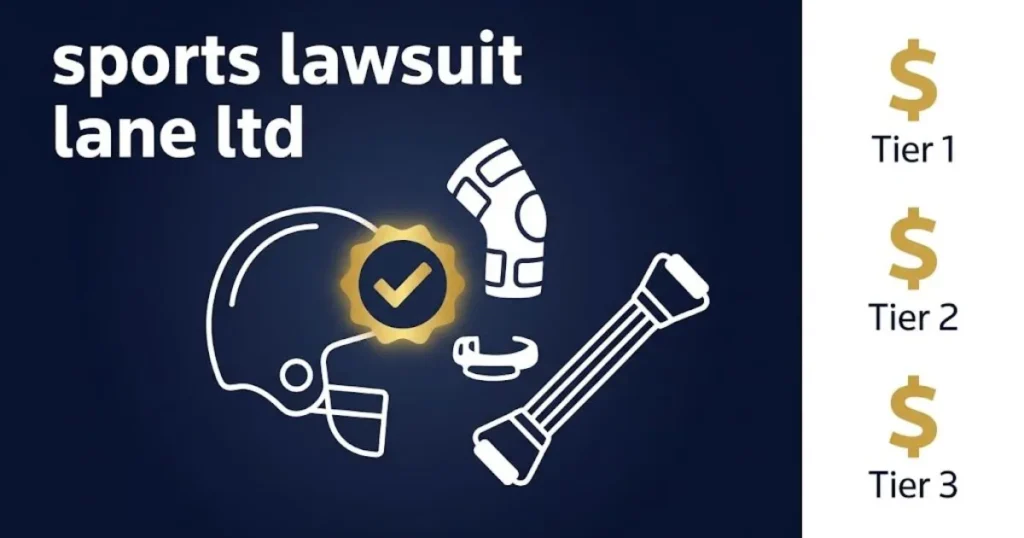 sports lawsuit lane ltd settlement eligibility graphic with sports equipment icons and gold checkmark on navy background