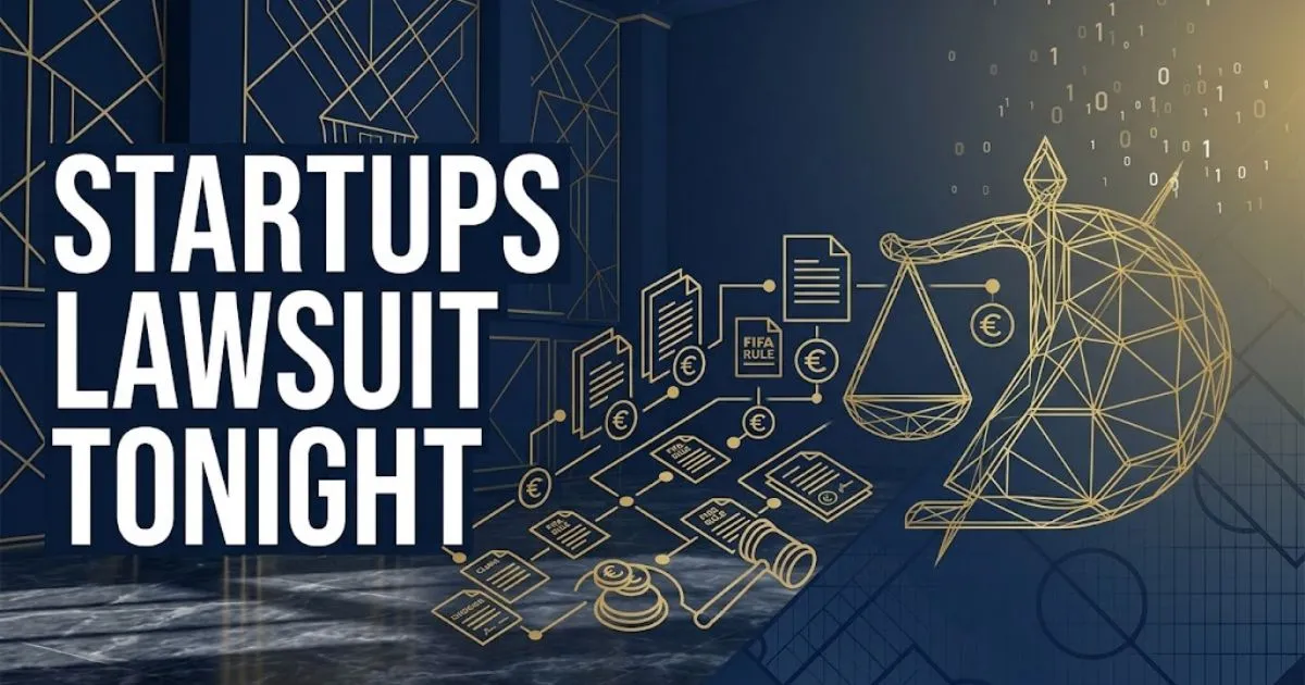startups lawsuit tonight hero banner with golden scales of justice and digital data particles on navy background