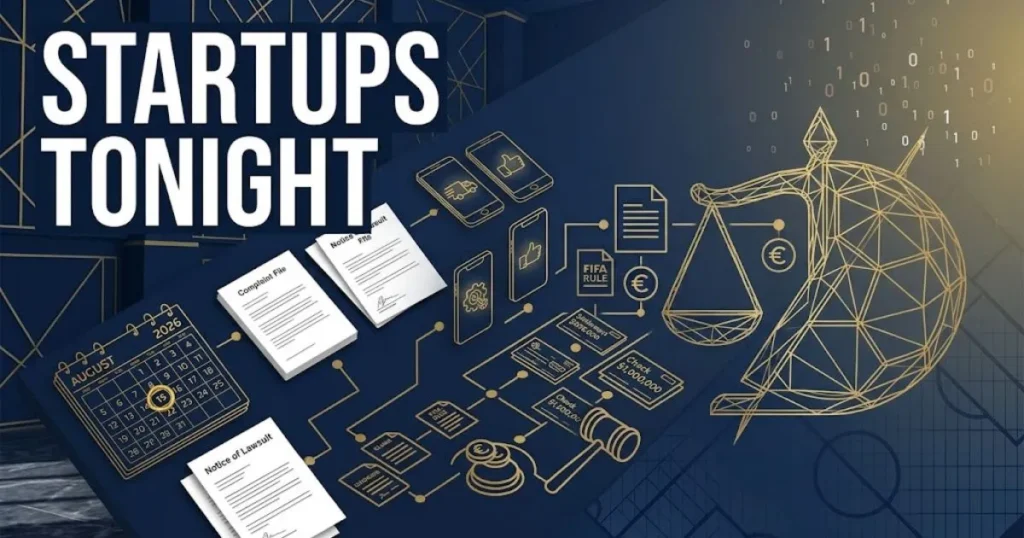 startups lawsuit tonight supporting graphic showing settlement documents calendar deadline and smartphone app icons