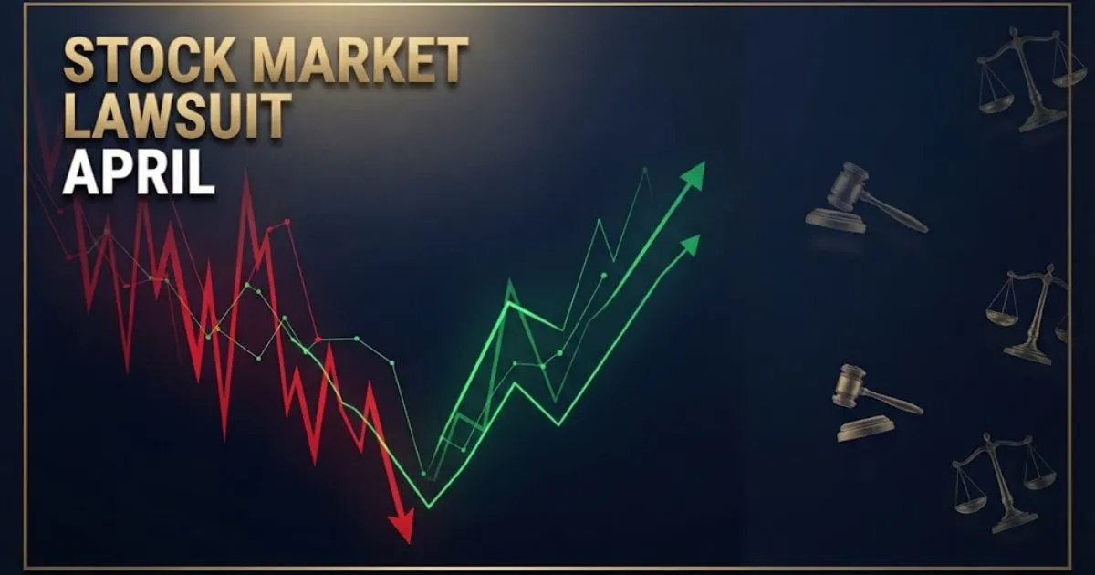 stock market lawsuit april hero banner with abstract stock chart and legal icons on navy background