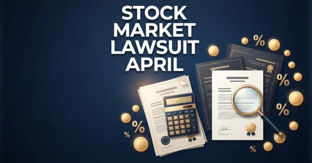 stock market lawsuit april supporting graphic with legal documents and settlement payout icons on navy desk