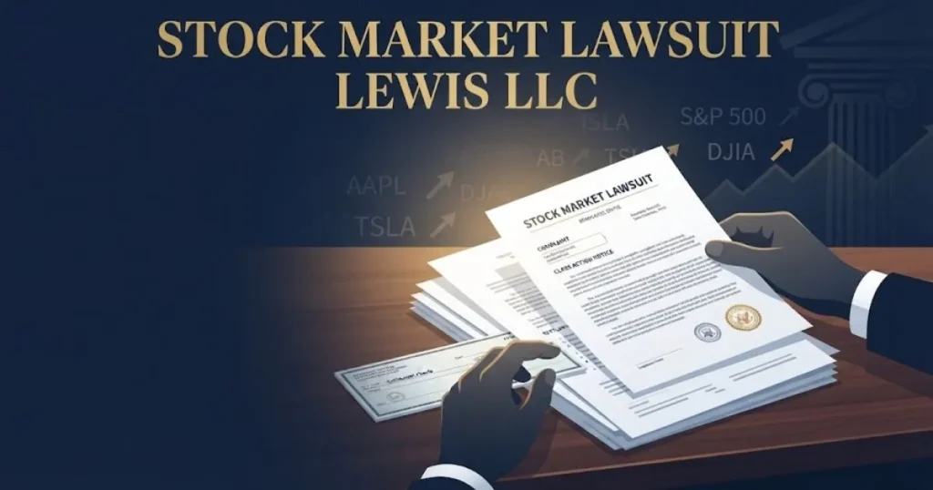 stock market lawsuit lewis llc settlement graphic with legal documents and check on desk