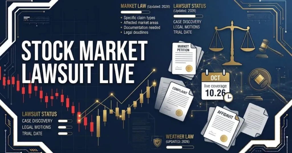 stock market lawsuit live banner with abstract chart and legal symbols on navy background