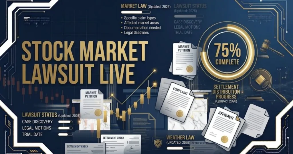 stock market lawsuit live settlement graphic with courtroom icons and progress indicator