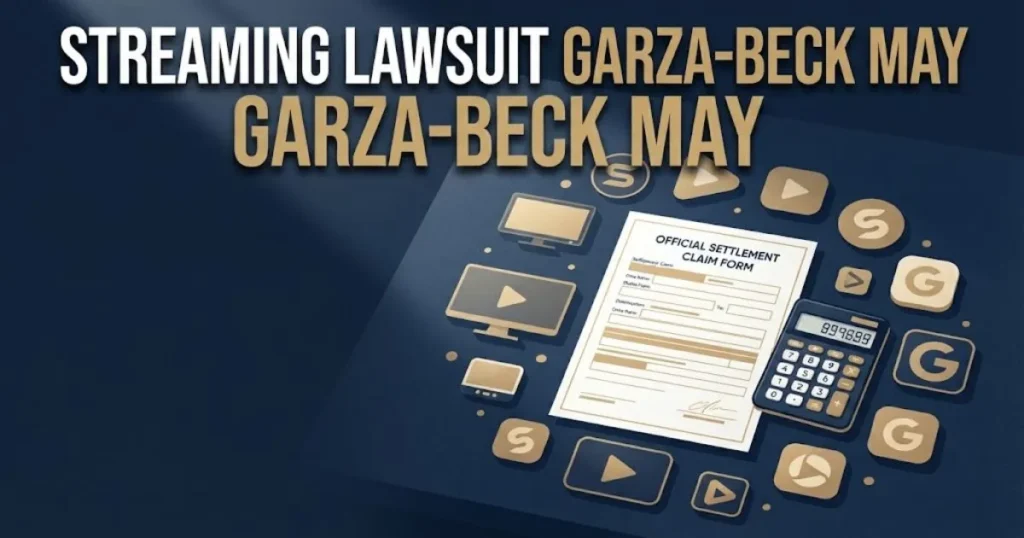streaming lawsuit garza-beck may settlement claim graphic with documents and streaming icons on navy desk