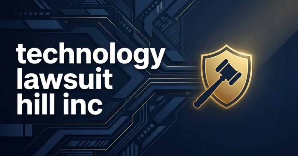 technology lawsuit hill inc hero banner with legal shield and data stream graphics on navy background