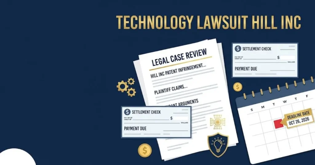 technology lawsuit hill inc settlement deadline graphic with legal documents and calendar on navy background
