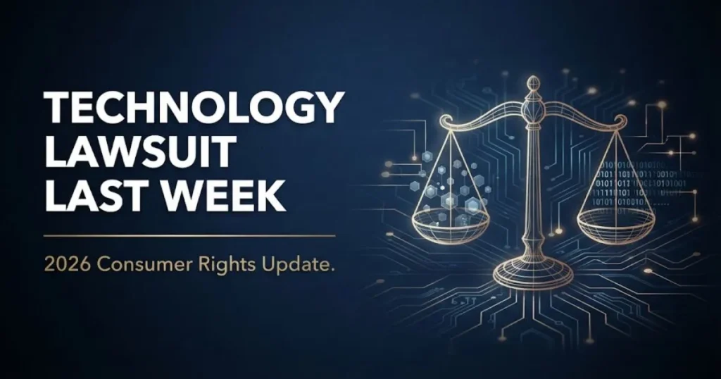 technology lawsuit last week hero banner with legal scales and data nodes on navy background