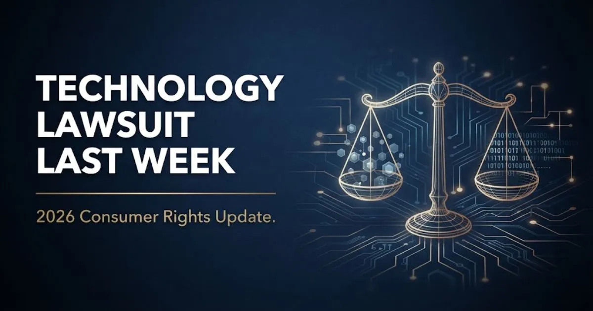 technology lawsuit last week hero banner with legal scales and data nodes on navy background