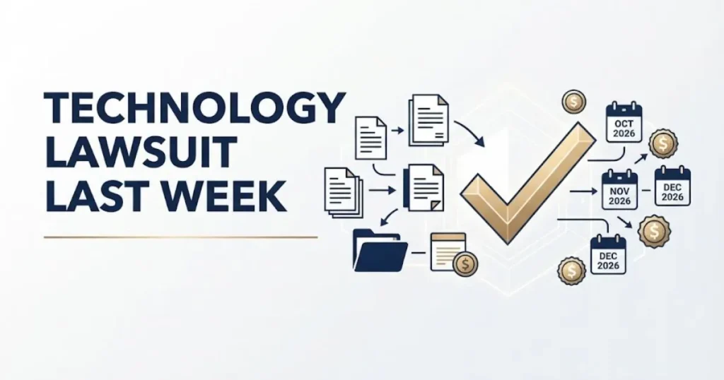 technology lawsuit last week settlement claims infographic with calendar deadlines and payout icons