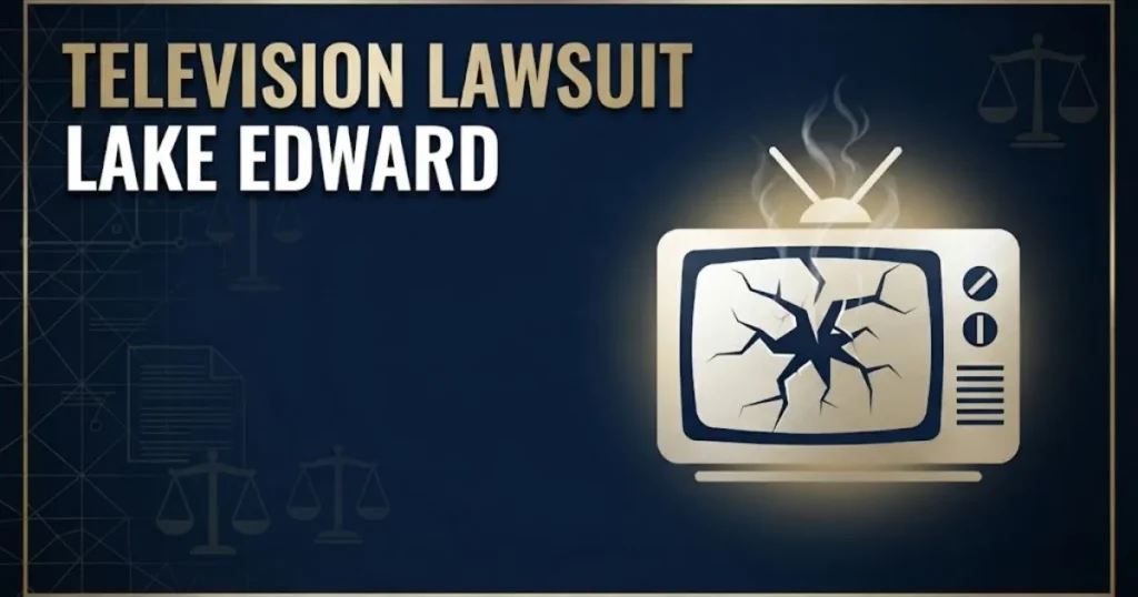 television lawsuit lake edward hero banner with cracked TV icon and legal scales on navy background