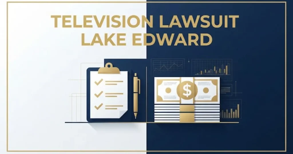television lawsuit lake edward settlement graphic with checklist and payout icons on navy background