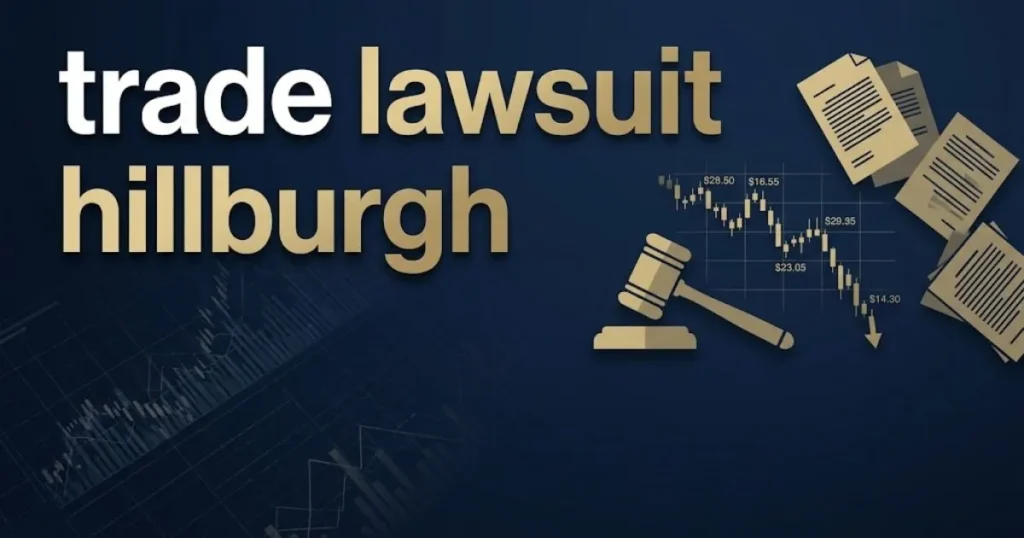 trade lawsuit hillburgh hero banner with gavel and stock chart icons on navy background