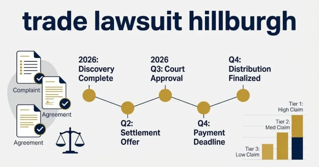 trade lawsuit hillburgh settlement timeline infographic with payout tiers and legal icons